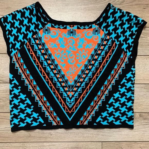 Questions by Say What Womens Black Blue Orange Aztec Southwestern Sweater~1X - Picture 1 of 5